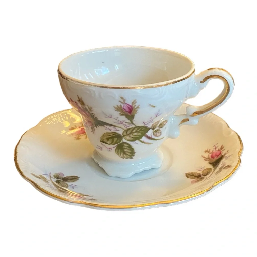 Vintage Moss Rose Teacup and Saucer Set, Fine China Japan Gold Trim